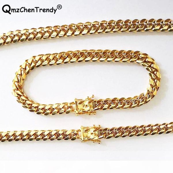 

12mm hiphop men jewelry set miami cuban curb link chain necklaces bracelet stainless steel golden men's lock clasp necklace, Silver