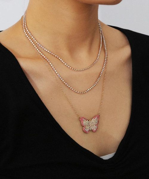 

butterfly necklace hip hop punk tennis chain choker multilayer necklace charm aesthetic gothic zircon for women jewelry, Silver