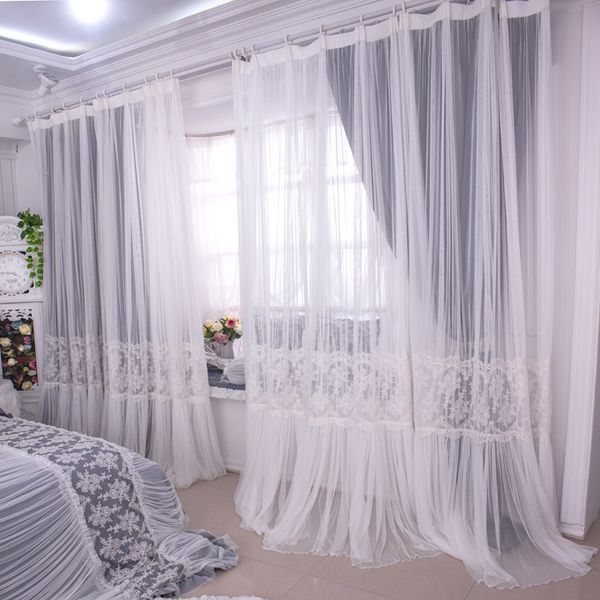 

90% shading custom made silver blackout curtain double layers grey curtain for living room princess lace tulles window curtains