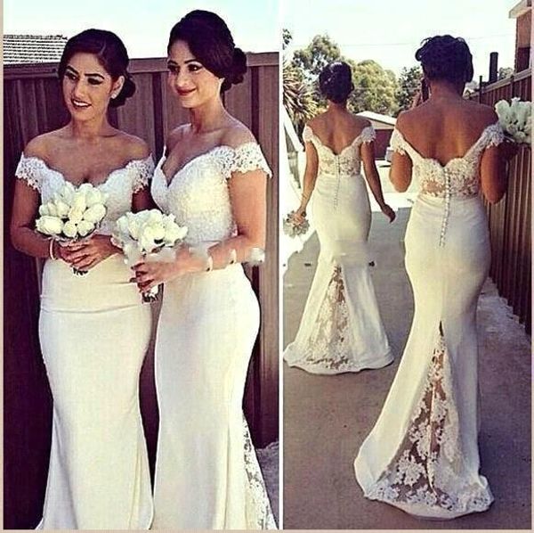 

Pure White Bridesmaid Dresses Chiffon Off Shoulder Lace Applique Floor Length Maid of Honor Dresses Wedding Party Dresses Custom