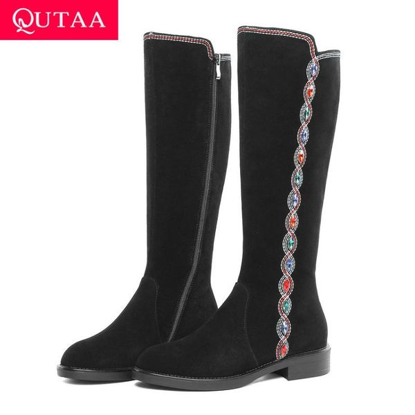 

qutaa 2020 scrub square low heel sewing fashion crystal women shoes autumn winter round toe zipper knee high boots size 34-40, Black