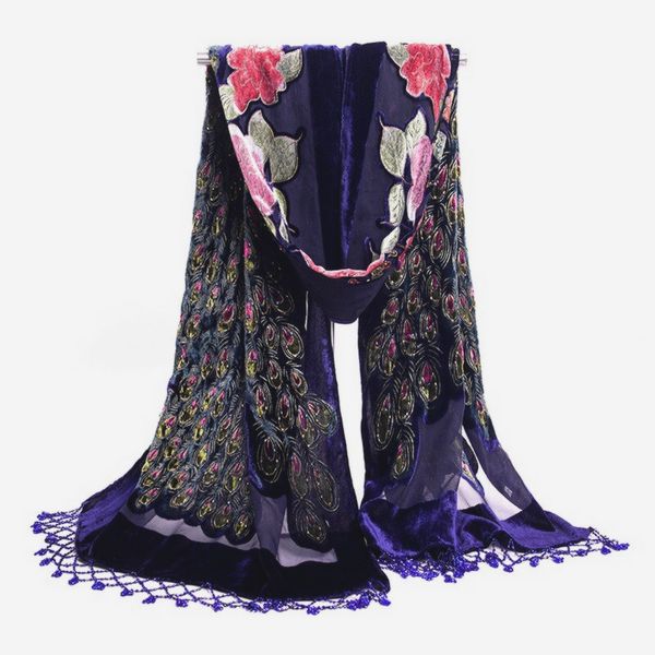 

navy blue chinese women's velvet silk beaded embroidery shawl scarf wrap scarves peafowl ws006-f, Blue;gray