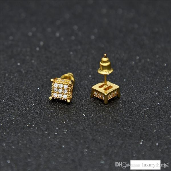 

3d square earring hip hop real 925 sterling silver jewelry screw back pave cz for men&women, Golden;silver
