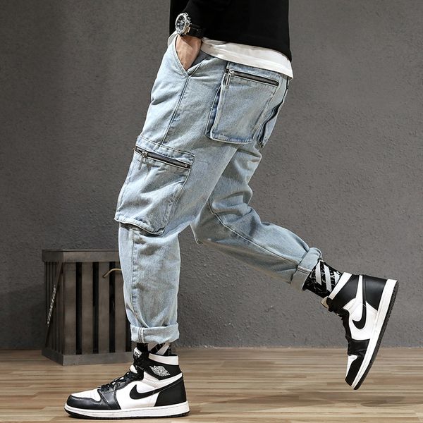 

japanese style fashion men jeans vintage designer loose fit multi pockets denim cargo pants streetwear hip hop harem jeans men, Blue