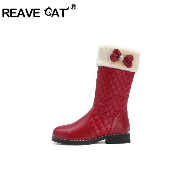 

reavecat winter warm knee-high boots round toe chunky heels pu zipper butterfly-knot big size 33-39 black red casual daily a3154