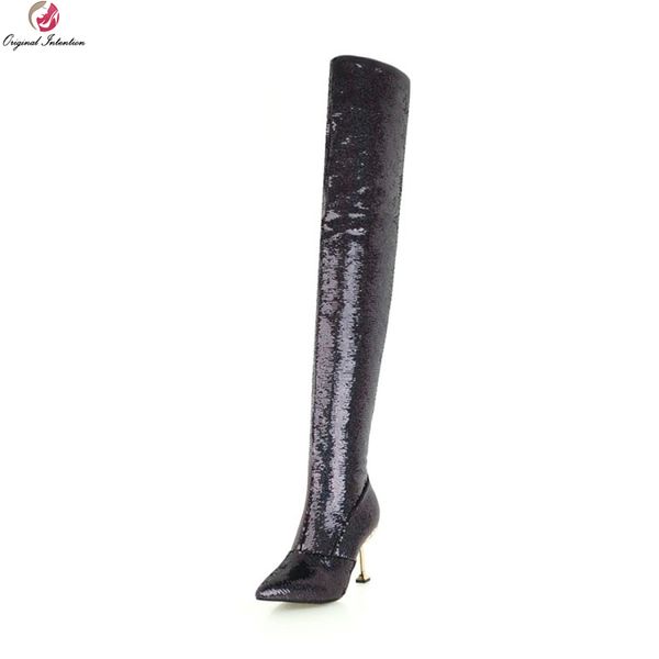 

boots original intention gorgeous women thigh high sequined bling pointed toe thin heels shoes woman plus us size 3-10.5, Black