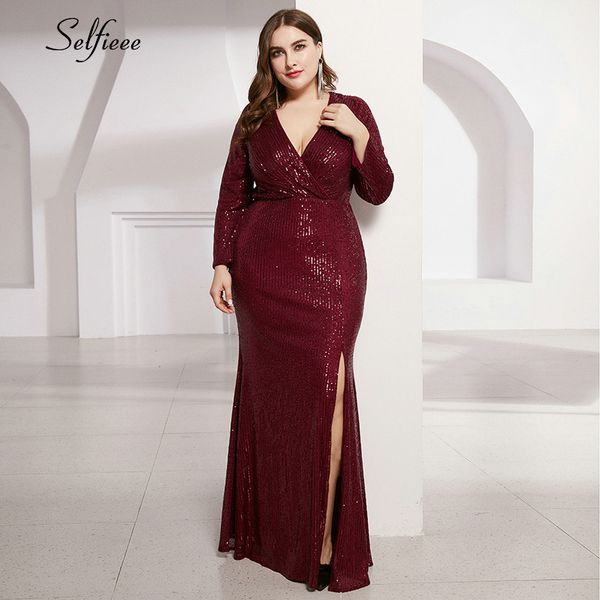 

plus size sequin dress women ruched deep v-neck side split long sleeve bodycon dress fashion sparkle party vestidos 2020, Black;gray