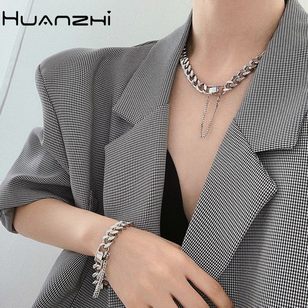 

huanzhi 2020 new punk trendy exaggerated rhinestone choker wide clavicle chain metal tassel necklace for women party jewelry, Golden;silver