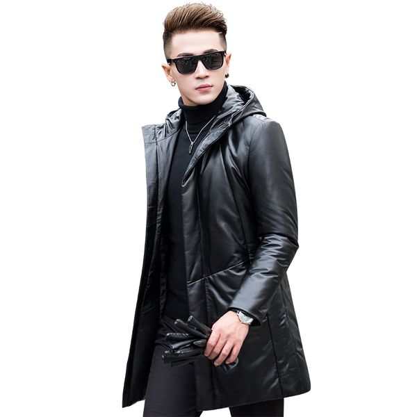 

genuine leather down jacket winter coat men long sheepskin leather jacket hooded masculine coat g02-ahyyq6803-1 kj824, Black