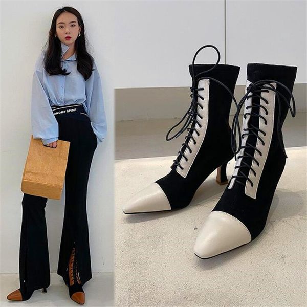 

color matching pointed toe ladies stiletto high heel boots beige brown cross strap high heel boots winter ladies formal, Black