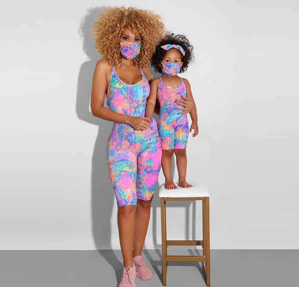 

mother and daughter clothes set fashion parent-child off-shoulder jumpsuits family matching outfits mom sleeveless printed dres, Blue