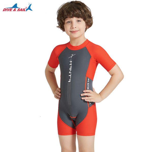 

dive & sail boys orange/grey lycra swimsuit sun protection swim suit upf 50+ one piece shorty swimwear zipper 3-10 years kids