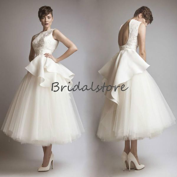 

short tea length wedding dresses a lline backless tulle beach wedding gowns 2020 sleeveless petite bohemain wedding dress for women, White