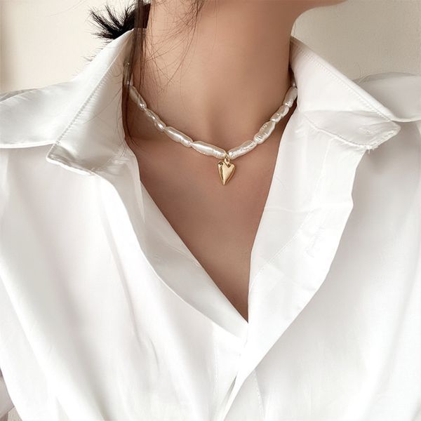 

pendant necklaces arrive fashion freshwater pearl choker necklace for women elegant metal heart short collares jewelry kolye wedding gifts, Silver