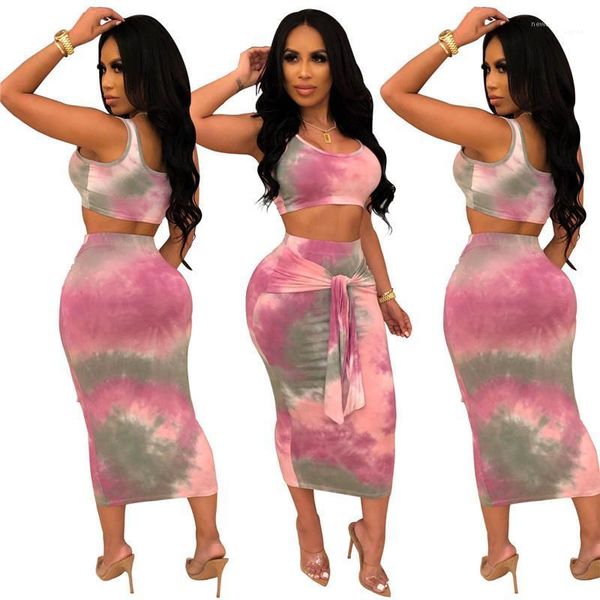 

20ss womens two piece dress fashion tie dyed sleeveless spaghetti strap belly buttom two piece sets new arrival womens clothing, White