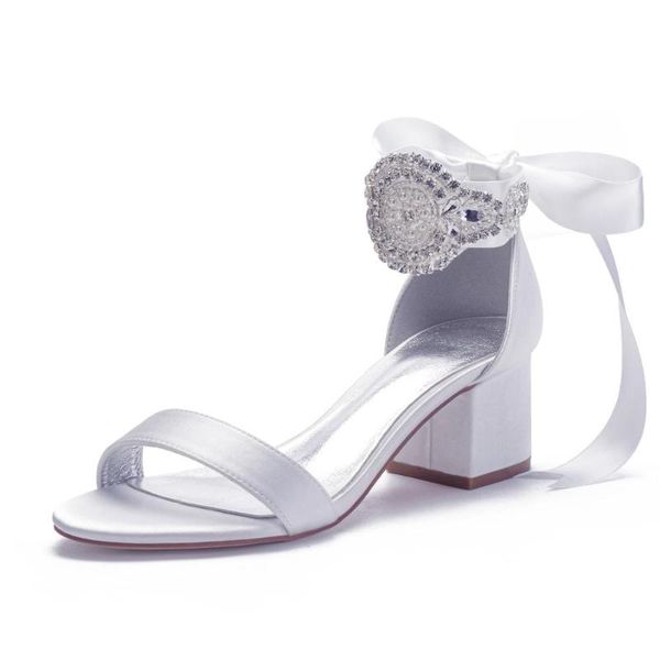 

block heels satin crystals wedding sandals for bride open toe ribbon tie mid heels formal party dress sandals summer, Black