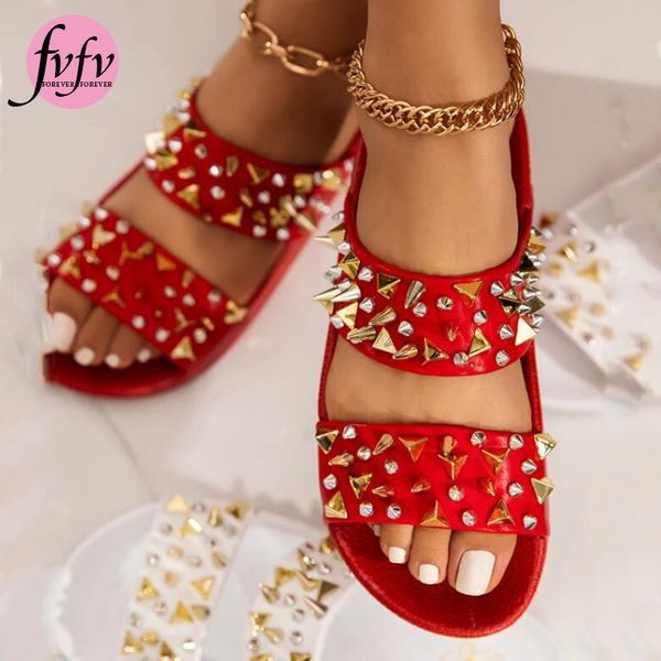 

fvfv]2020 women rivet rhinestone buckle sandals spring summer outside wild beach slippers ladies leisure home travel flip flop, Black