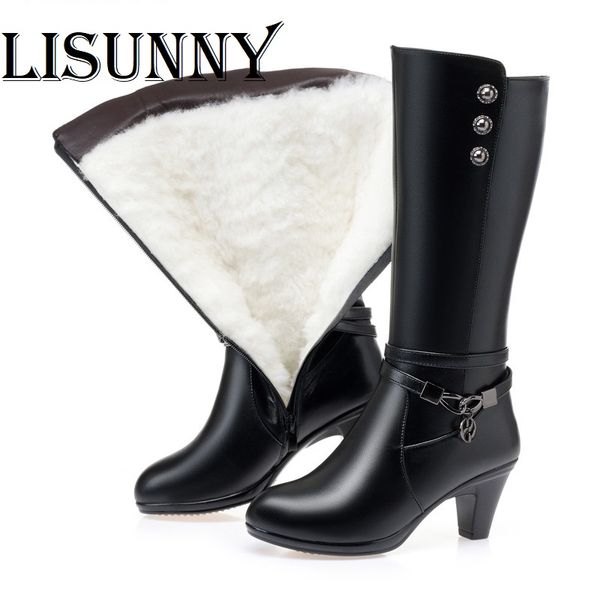 

boots women 2021 winter footwear genuine leather fashion chain wool warm high heel riding shoes 5.0, Black