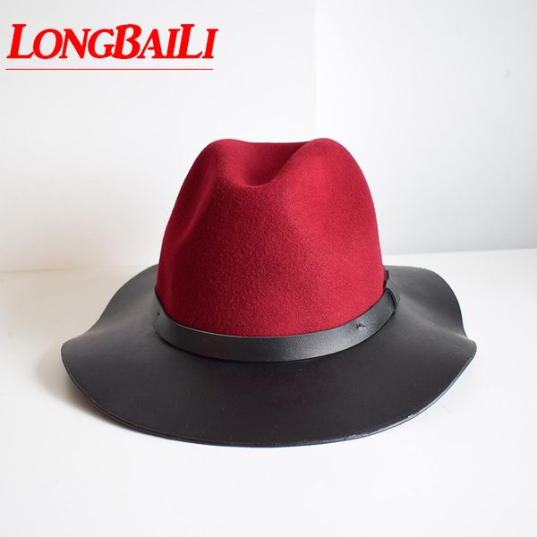 

stingy brim hats longbaili winter women patchwork wool felt fedora hat with wide faux leather chapeau pwfe054, Blue;gray