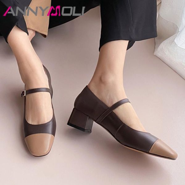 

annymoli pumps women genuine leather high heel mary janes shoes square toe block heels buckle lady footwear autumn brown size 40, Black