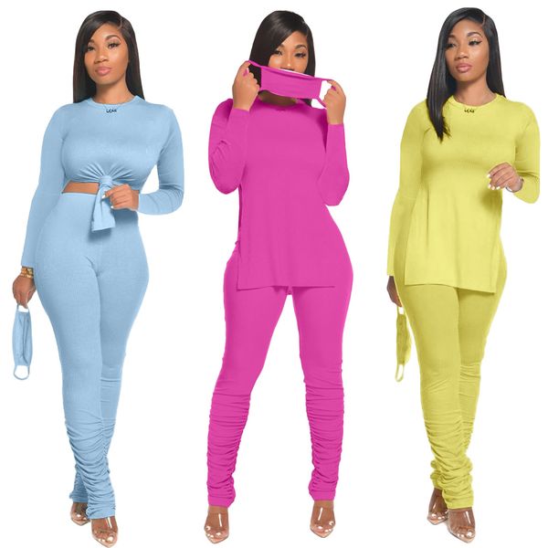 

womens clothing 2 piece set long sleeve solid color stacked pants women 2pcs outfit designer tracksuits, Gray