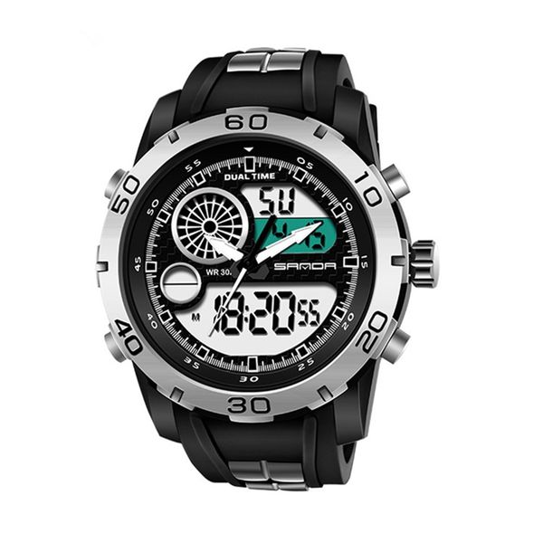 

mens analog digital dual display sports watches military multifunctional 50m waterproof led watch with alarm satch backlight 12h/24h out, Slivery;brown