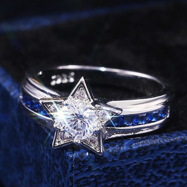 

junerain brand navy style blue white color with shiny star shaped women rings micro paved factory direct selling rings dropshipping, Silver