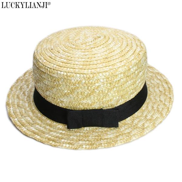 

luckylianji beige men women's female's boater summer beach ribbon round flat fedora jazz straw sun hat (:58cm, Blue;gray