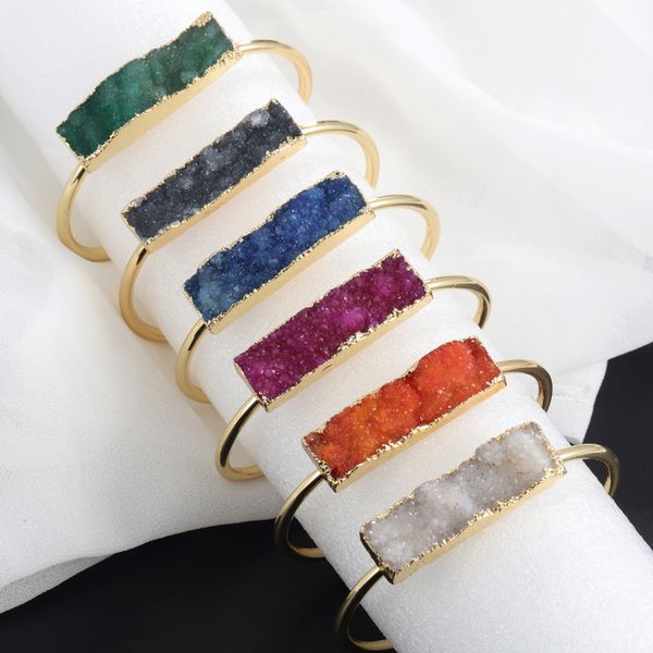 

colorful rectangle matte gravel starry flash natural stone opened bangle bracelet for women fashion party metal bracelet jewelry, Golden;silver