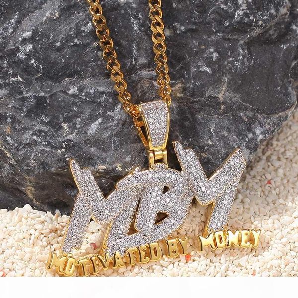 

custom letter motivated by money pendant with cuba chain gold silver color bling cubic zircon men's hip hop necklace jewelry for gift