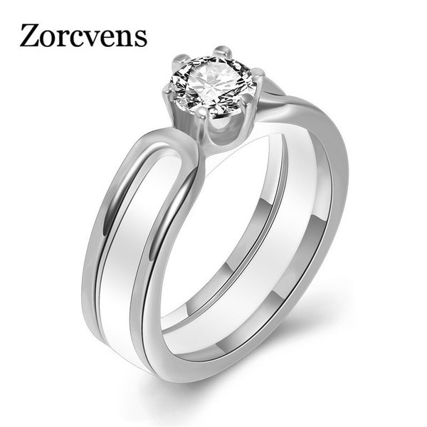 

zorcvens ceramic ring six australia zircon two layers silver color thin engagement rings for women jewelry, Golden;silver