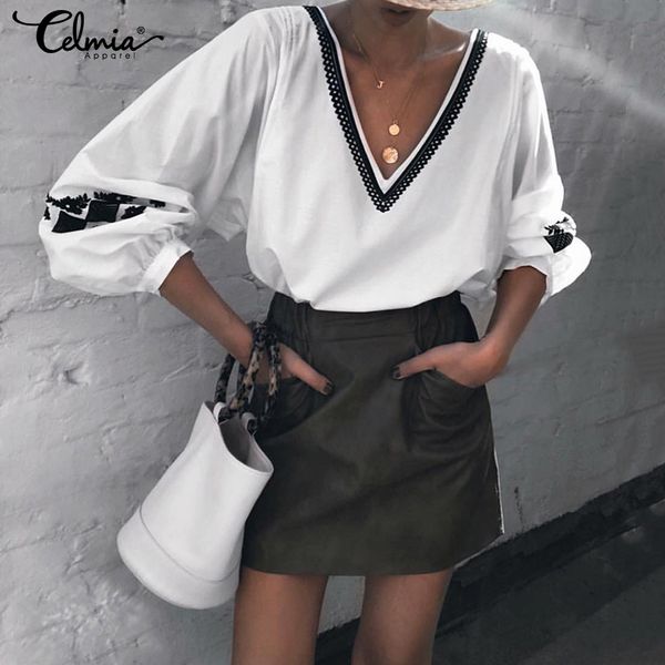 

fashion 2020 celmia women's deep v neck casual shirts long lantern sleeve vintage printed blouses loose blusas s-5xl, White