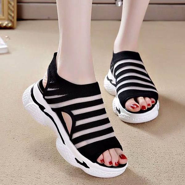 

student platform sandals summer new fish mouth woven breathable mesh roman sandals beach casual women, Black