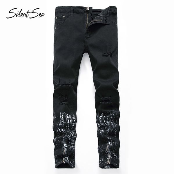 

silentsea new mens brand jeans fashion casual slim fit straight high stretch feet printed jeans men black male trousers, Blue
