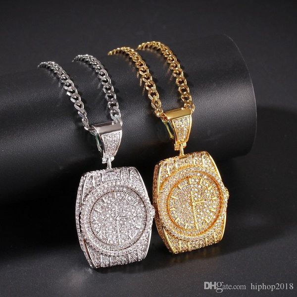 

gold silver dial pendant necklace mens hip hop necklace jewelry new fashion watch pendant necklaces with gold cuban chain