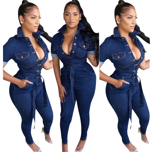 

w8219 european and american women's v-neck buttons fashion casual denim mid-sleeve jumpsuit 2020, Black;white
