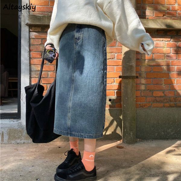 

skirts women retro vintage midi skirt autumn straight denim slouchy trendy street style ulzzang bf loose chic leisure, Black