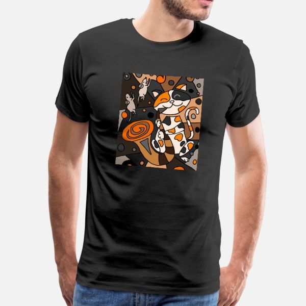 

funny calico kitty cat playing saxophone abstract t shirt men character tee shirt o-neck formal fit basic spring normal shirt
