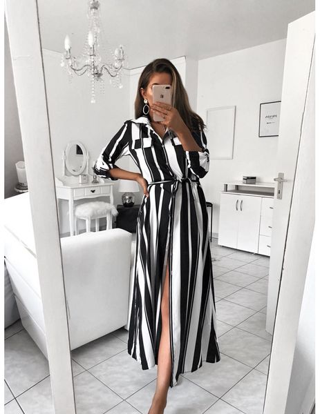 

cross-border womens selling selling multi-color stripe printed shirt dress new style spot, White;black