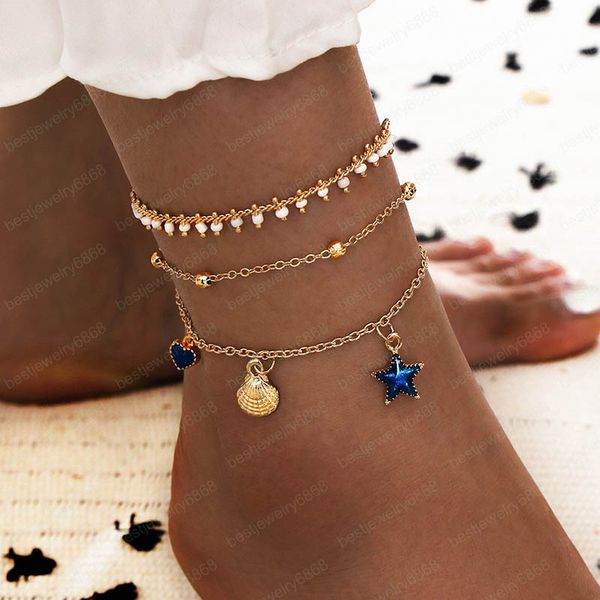 

fashion jewelry 3pcs/set anklet set blue star heart metal shell pendant anklets, Red;blue
