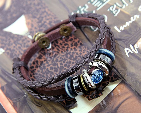 

link, chain ethnic bracelet woven leather couple inlaid blue pink, Black