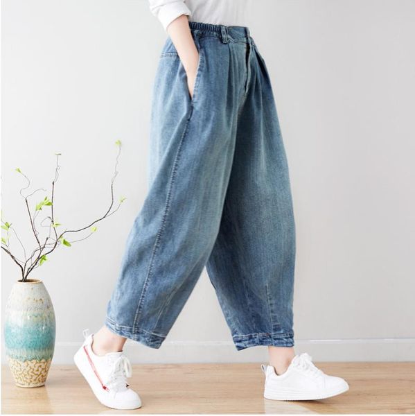

women's jeans spring retro loose women large size denim pants elastic waist button pocket vintage casual trousers 2021, Blue