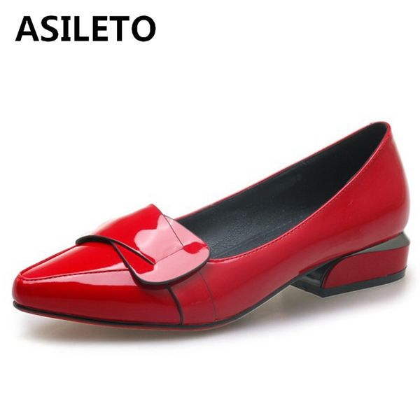 

asileto woman spring autumn concie flats pointed toe 2cm hoof heels patent leather slip on big size 33-43 red wedding t1137, Black