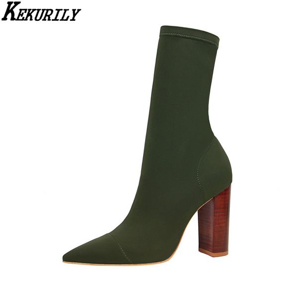 

fashion sock boots woman wood heel shoes pointed toe mid-calf boot ladies slip on high heels boots 2020 zapatos de mujer, Black