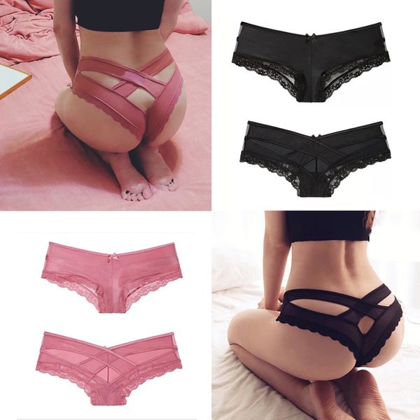

1/2pcs panties for women lace cotton underwear panty briefs cross strap lingerie g string thong panties underpants, Black;pink
