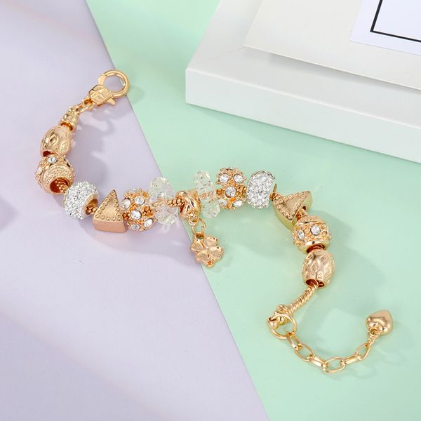 

style light gold four-leaf clover alloy beaded diy bracelet, Black