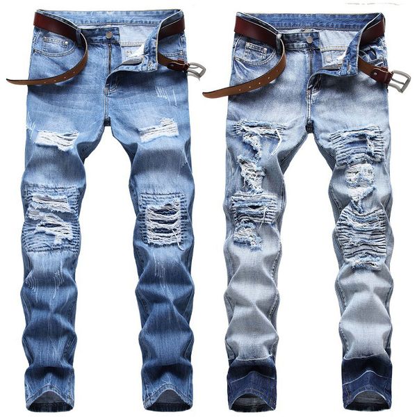 

men's jeans fashion men ripped slim fit pant denim frayed long casual, Blue