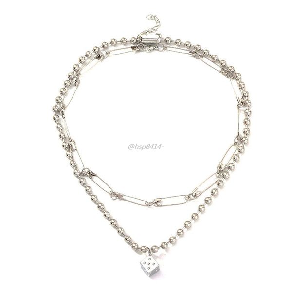 

2pc lucky digital dice pendant necklace women safety pin link chain necklace game dice jewerly gifts, Silver