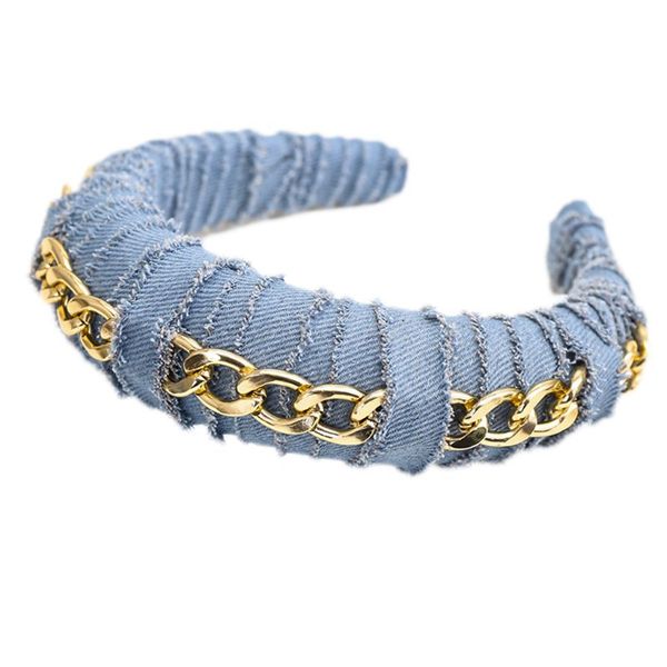 

women denim cloth twisted striped hair hoop metal chain sponge padded headband y1qd