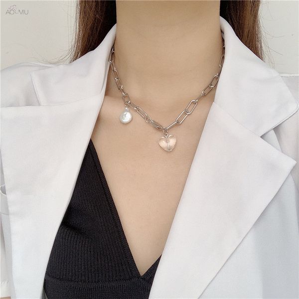 

aomu korea irregular design pearl pendant choker acrylic heart thick chain necklace for women 2020 new fashion jewelry party, Silver
